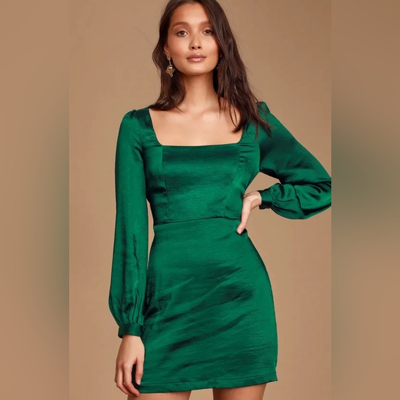 NWOT Lulu’s Got the Love Emerald Satin Square-neck Mini Dress Size US XL - Picture 2 of 8
